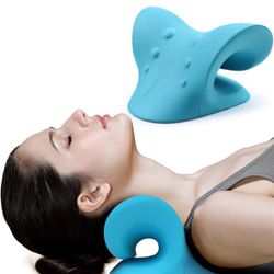 Neck and Shoulder Relaxer, Cervical Traction Device for TMJ Pain Relief and Cervical Spine Alignment, Chiropractic Pillow Neck Stretcher (Blue)