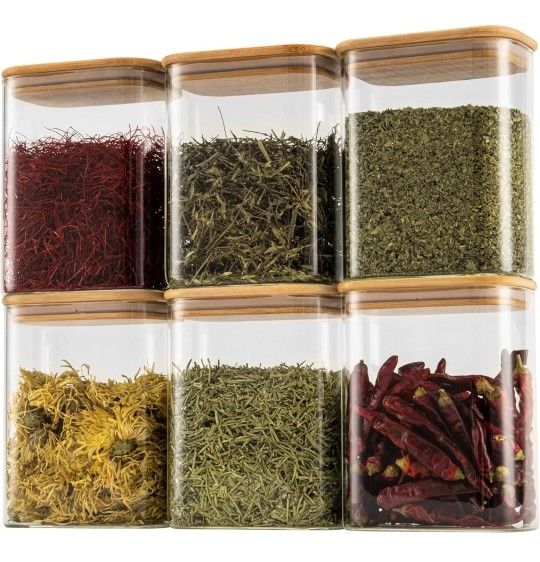 Set Of 6, 37oz Rectangle Airtight Glass Storage Containers with Bamboo Lids), Square Food Storage Jar