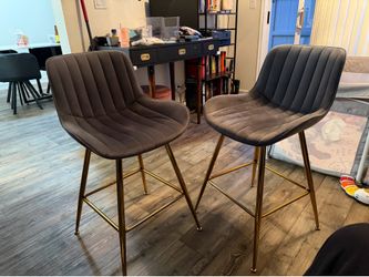 Set of 2 Gray Velvet Bar Stools with Gold Legs – Modern Counter Height Chairs