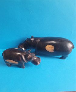 Vintage wooden Hippo Family Adult 7" and Baby 4" Hand Carved Hippopotamus Statue Figure.