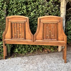 Mid Century Modern Sculptra Brutalist MCM Wood Bed Frame Headboard 