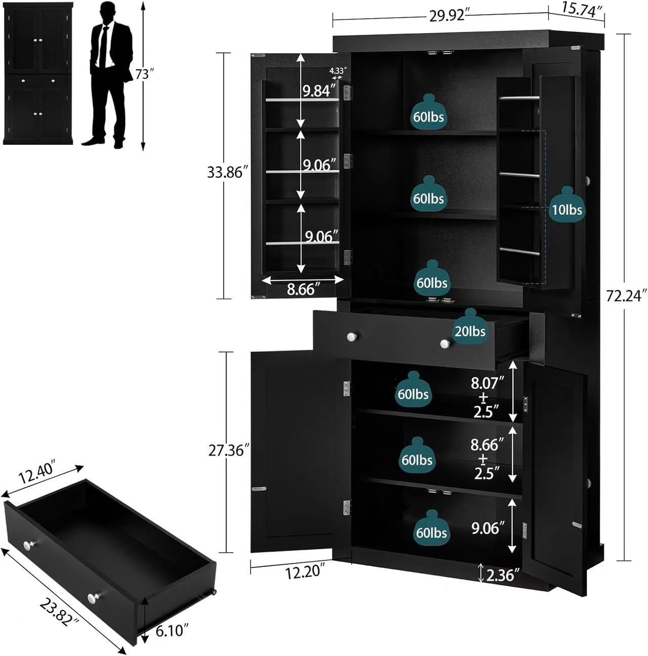 🥨72” Kitchen Pantry Cabinet, Tall Storage Cabinet with 4 Doors and 1 Drawer, Freestanding Cupboard with 6 Hanging Shelves and Adjustable Shelves