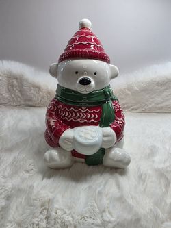 Christmas Polar Bear Ceramic Cookie Jar