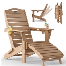Folding Adirondack Chair with Retractable Ottoman Weather Resistant Fire Pit Chair Patio Chair with 2 Cup Holder Lawn Outdoor Lounge Chair (Teak)