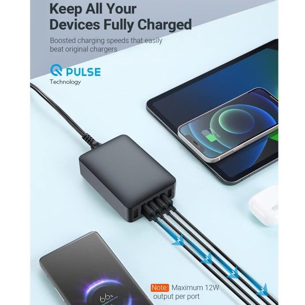 USB Charging Station, 60W 6-Port USB Charging Hub, 6-in-1 Desktop USB Charger, Compact Travel USB Charger for iPhone 13/13 Pro/iPhone 12, Galaxy, Etc