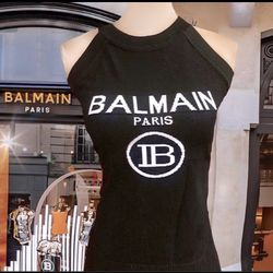 New, Authentic Balmain Black Knit Detail Tank