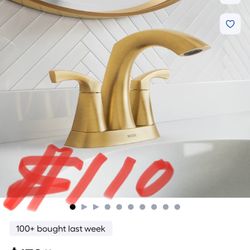 Moen Lindor Brushed Gold 4-in centerset 2-handle WaterSense High-arc Residential Handle Bathroom Sink Faucet with Drain