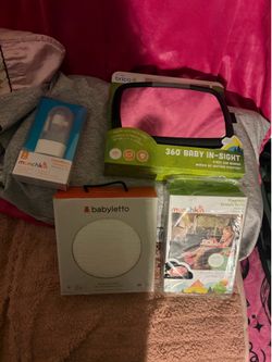 New Baby Essentials Bundle - Munchkin Car Mirror, Sun Shade, Nasal Aspirator & Babyletto Crib Sheet (4 Piece Lot)