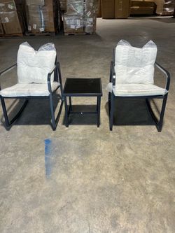 Brand new Black Metal Outdoor Lounge Chair with Beige Cushions and Glass Coffee Table (3-Pack) $150 🔥🔥🔥Second Location : Sweet Home Prime Furnitur