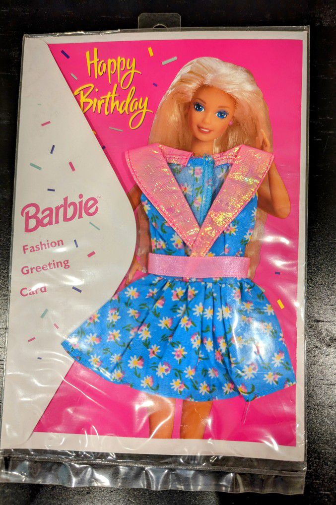 Barbie Fashion Greeting Card - Happy Birthday Blue w/Pink Flowers Dress 1994 New Vintage Mattel