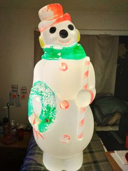 Rare Vintage 1968 Empire 48" Neon Orange Day-Glo Snowman Blow Mold Original Welded Socket Plate
