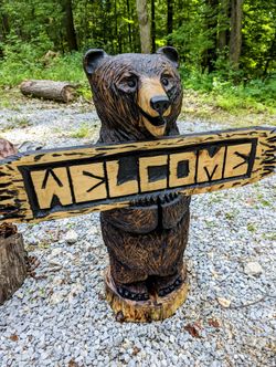 45" Chainsaw Carved Welcome Bear Sculpture 