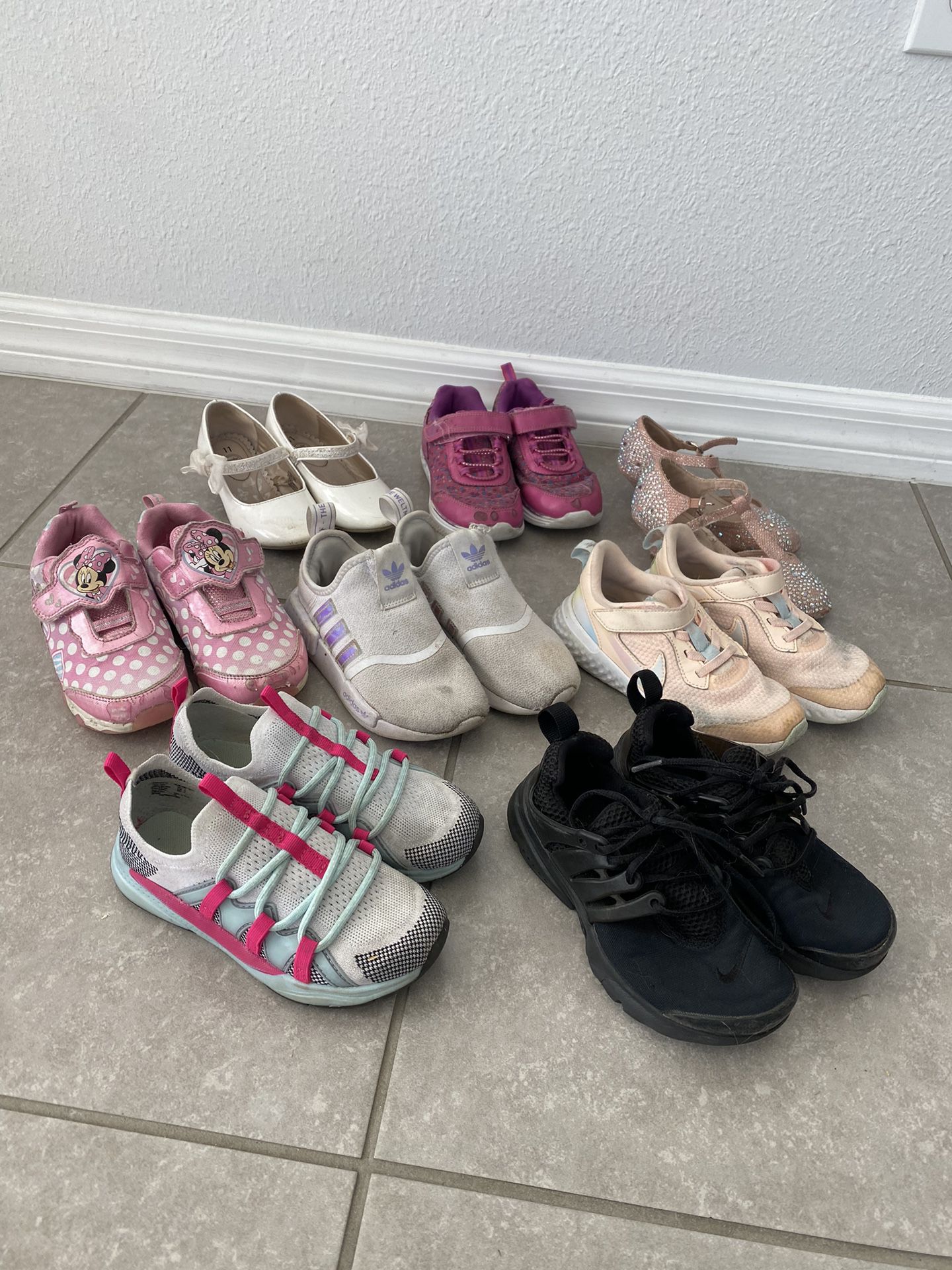 8 pairs size 11 and 12 bundle girl shoes addidas sneakers, nike, minnie mouse $40