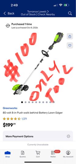 Greenworks 80-volt 8-in Push walk behind Battery Lawn Edger only tool no battery no charger