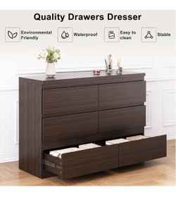 6-Drawer Wood Dresser Dark Walnut and two black night stands