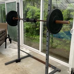 Squat Rack w/ Barbell & Bumper Plates