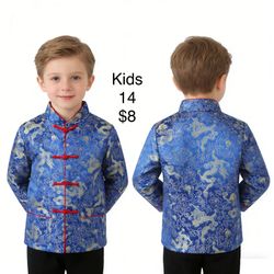 Kids Chinese Jacket Costume Tangzhuang Blue 8