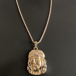 Gold Chain Rope Chain Necklace 20in 2mm And Gold Jesus Piece Head Pendant Set 