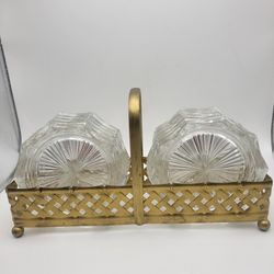 VMC Reims France 10 Crystal Cut Clear Glass Coasters Gold Basketweave Caddy MCM