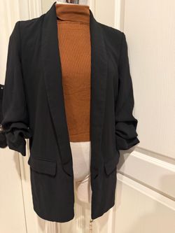 Zara Black Open-Front Blazer with Ruched Sleeves
