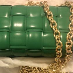 Brand New Woven Purse Bag Gold Chain GREEN 