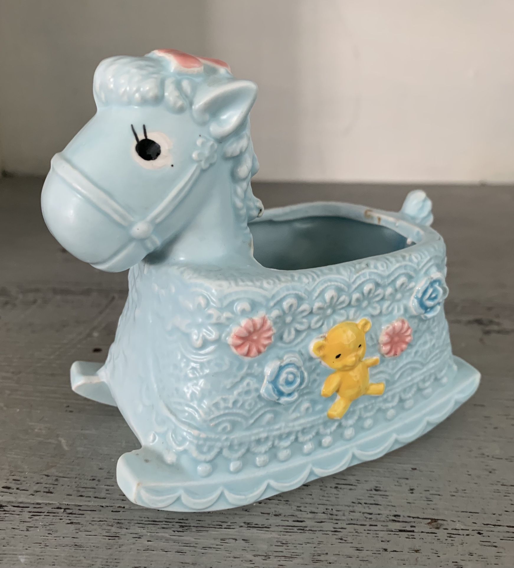 Vintage Napco Japan Ceramic Pastel Blue Baby Rocking Horse Planter 4”x4” Super cute. Original foil tag on bottom
