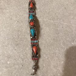 Beautiful 7” Sterling Silver Bracelet with Turquoise  And Coral.  Used  Handmade In India  