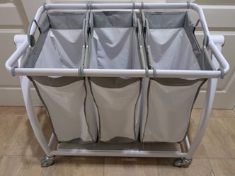 Seville Classics Laundry Hamper Sorter Cart Mobile Premium 3-Bag Heavy-Duty Tilt, White
 In Excellent Condition