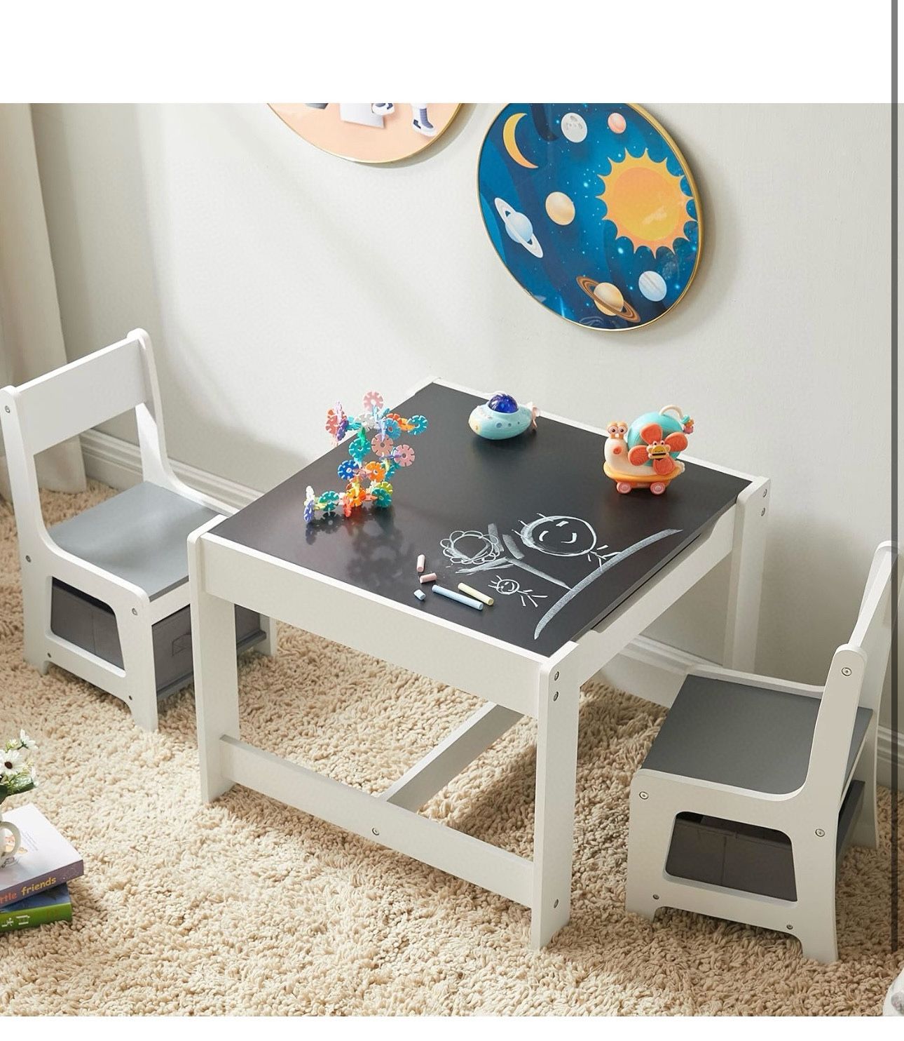 Kids Table and Chair Set, 3 in 1 Wooden Activity Table with Storage Drawer for Toddlers Drawing, Reading, Crafts, 2 in 1 Detachable Tabletop
