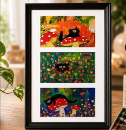 Whimsical Black Cat Framed Art Print Trio – Colorful Woodland Wall Decor