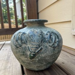 Handmade Vintage Elephant Head Terracotta Pottery Jug Figural Green Display Vase