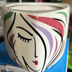 Cool Ceramic planter face colorful hair . Read Description