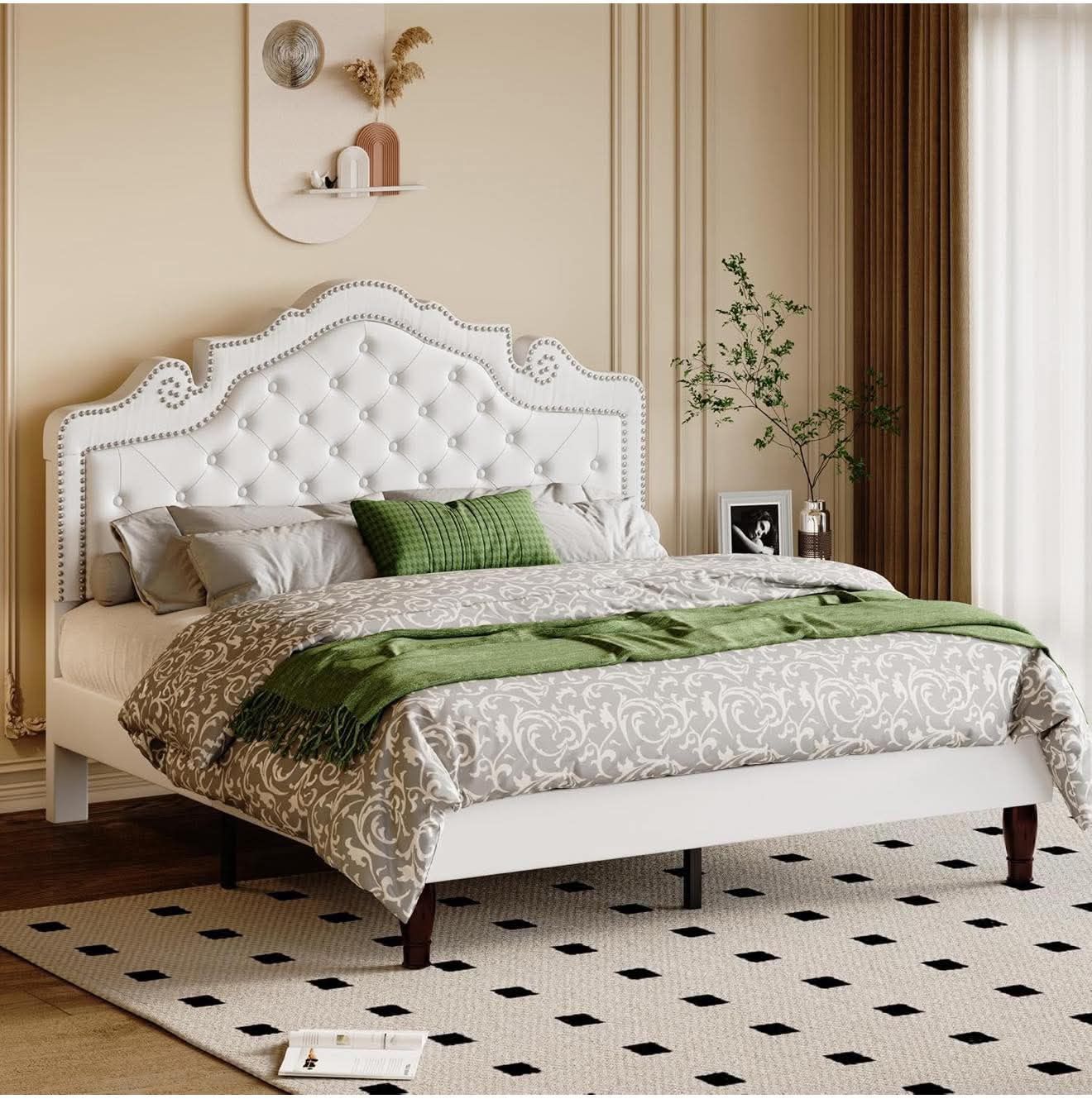 Queen Bed Frame Platform Bed, White with Adjustable Velvet Tiara Headboard, Upholstered Z-6
