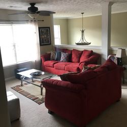 COMPLETE LIVING ROOM SET!  Includes RED Microsuede Sofa AND Loveseat, 5x 7 Area Rug, Mosaic Lamp, Accessories, 
