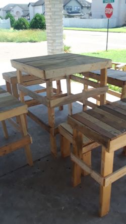 Rustic table 4 bench set with one stepping stool