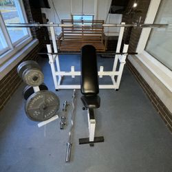 Bench/Squat Rack, Barbells, 255lbs, & Tree