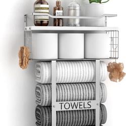 Towel Racks for Bathroom Wall Mounted - Bath Wall Towel Holder Set Above Toilet Storage, Rolled Towel Shelf Organizer for Small Bathroom, Wood Vertica