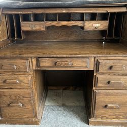 Solid Wood Roll Top Desk And File Cabinet 