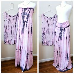 Size Large Splendid Pink/Black Tie Dyed Maxi Skirt Shirt Long 2-Piece Tank Top Dress. The long skirt doubles as a strapless/sleeveless dress. Pre-owne