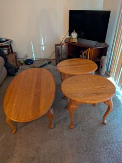 Oak Wood Coffee Table and End Tables Set