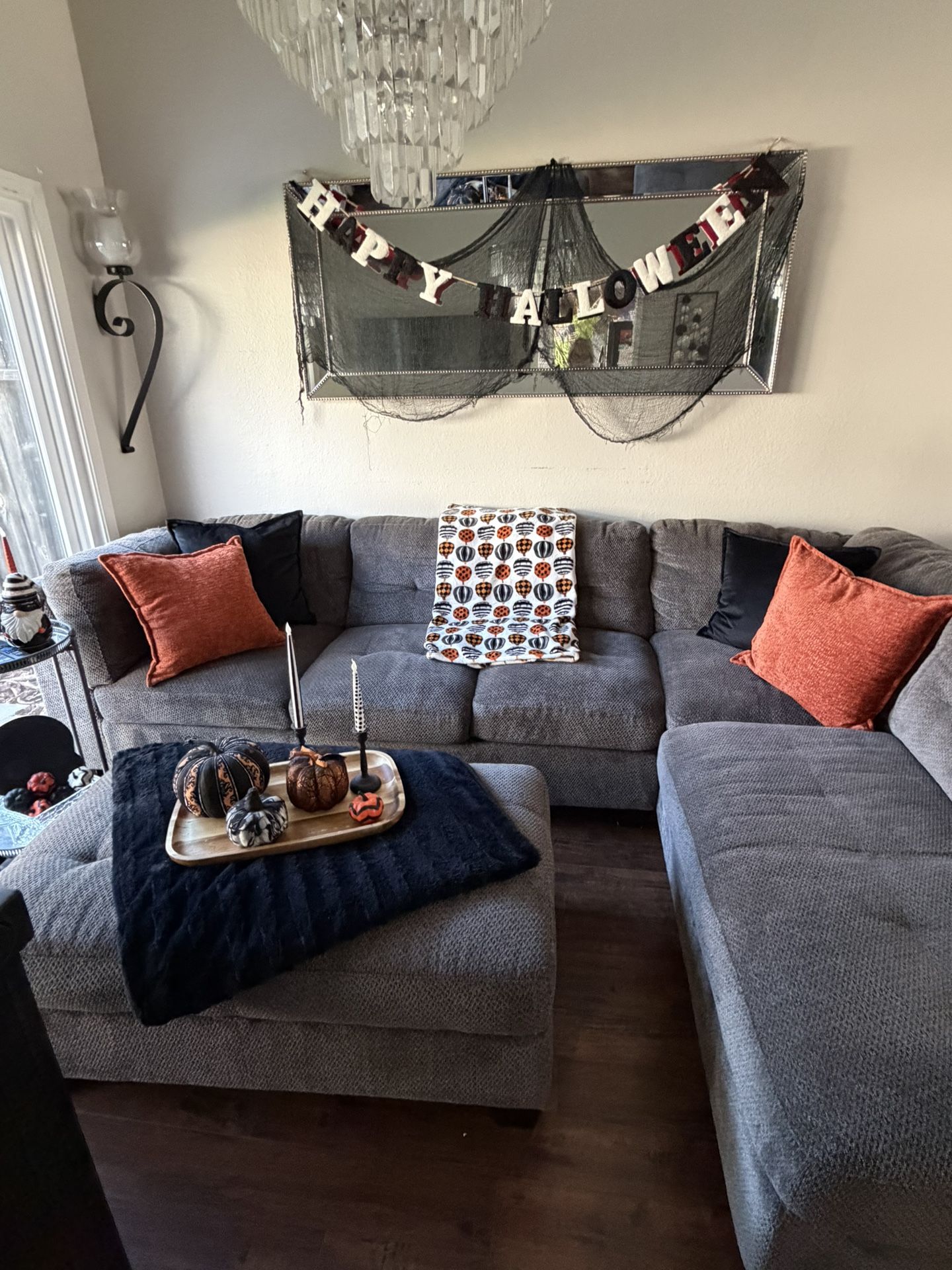 Sectional 2 Piece And Ottoman With Storage. Dark gray Left Side Longer. See Pictures