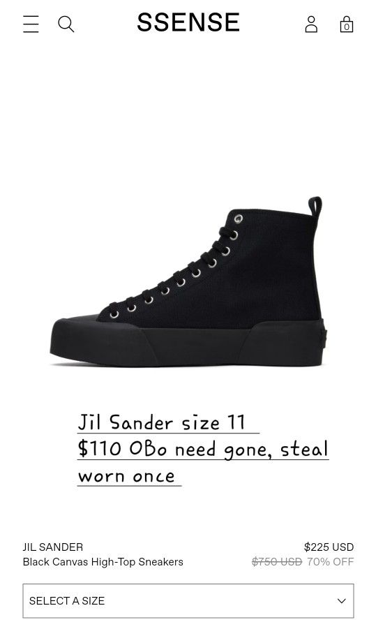 JIL sander Black High Top Sneakers Size 11