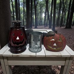 Halloween Fall Decor Jack O'Lantern Lot (3) Candle Holder Glazed Stoneware Metal
