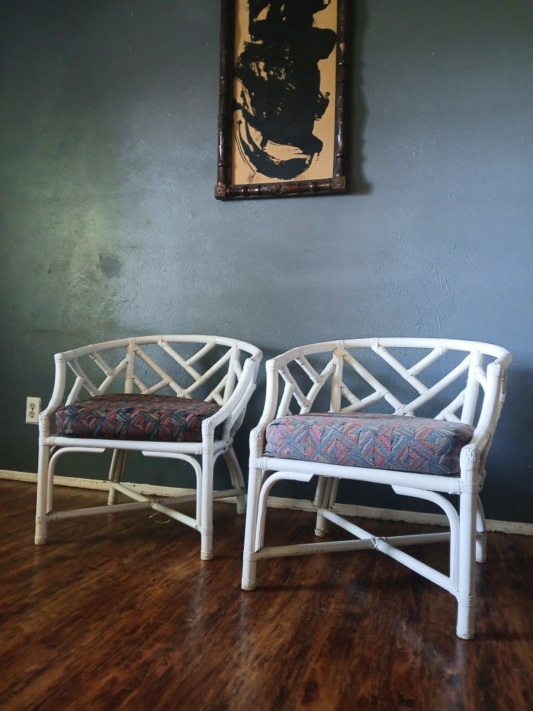2 Vintage Boho Chic Bamboo Rattan Chippendale Chairs by Henry Link