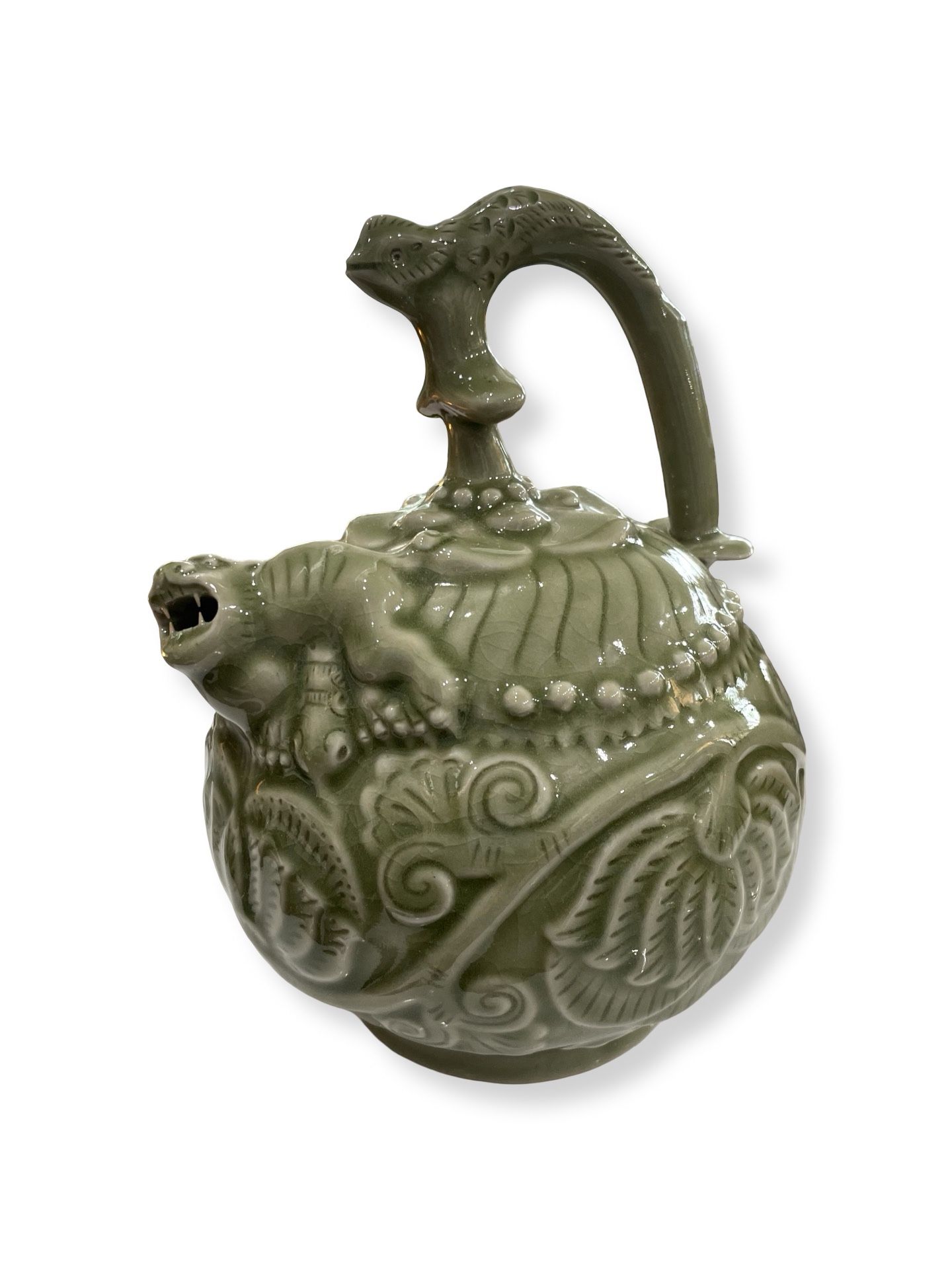 Celadon Porcelain Yaozhou Reverse Flow Teapot with Lion Foo