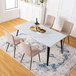 Homy Casa Stan 5PC Dining Set 63” Marble White Table with 4 Scargill Beige Upholstered Fabric Dining Chairs Open Box