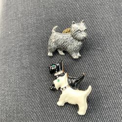 Vintage Enamel Black White Scottie Dog Pin Brooch Rhinestone Collar & Pewter Dog