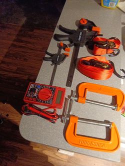 Strap ties, c clamps 4in , holders, and digital multi meter 7 function