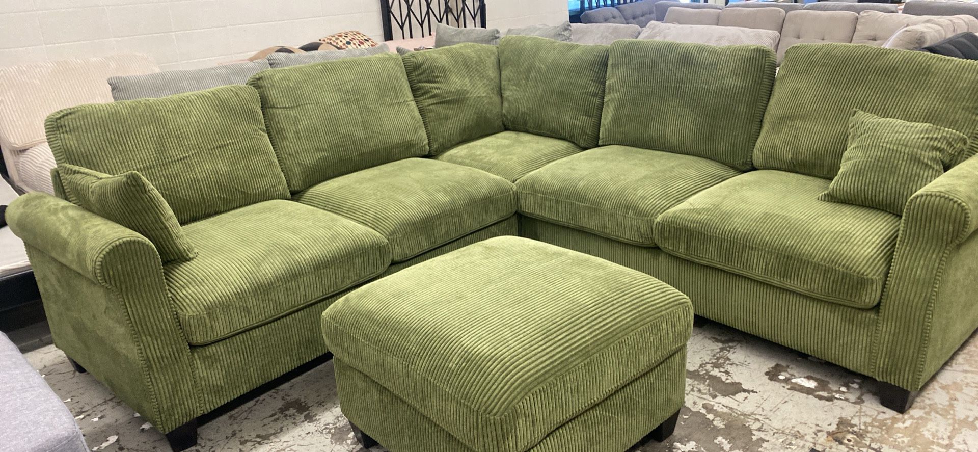 New 99x99 Sage Corduroy Sectional Couch Set / Free Delivery 