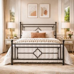 Queen bed Metal Platform Bed Frame with Victorian Style Wrought Iron-Art Headboard/Footboard, No Box Spring Required, Black